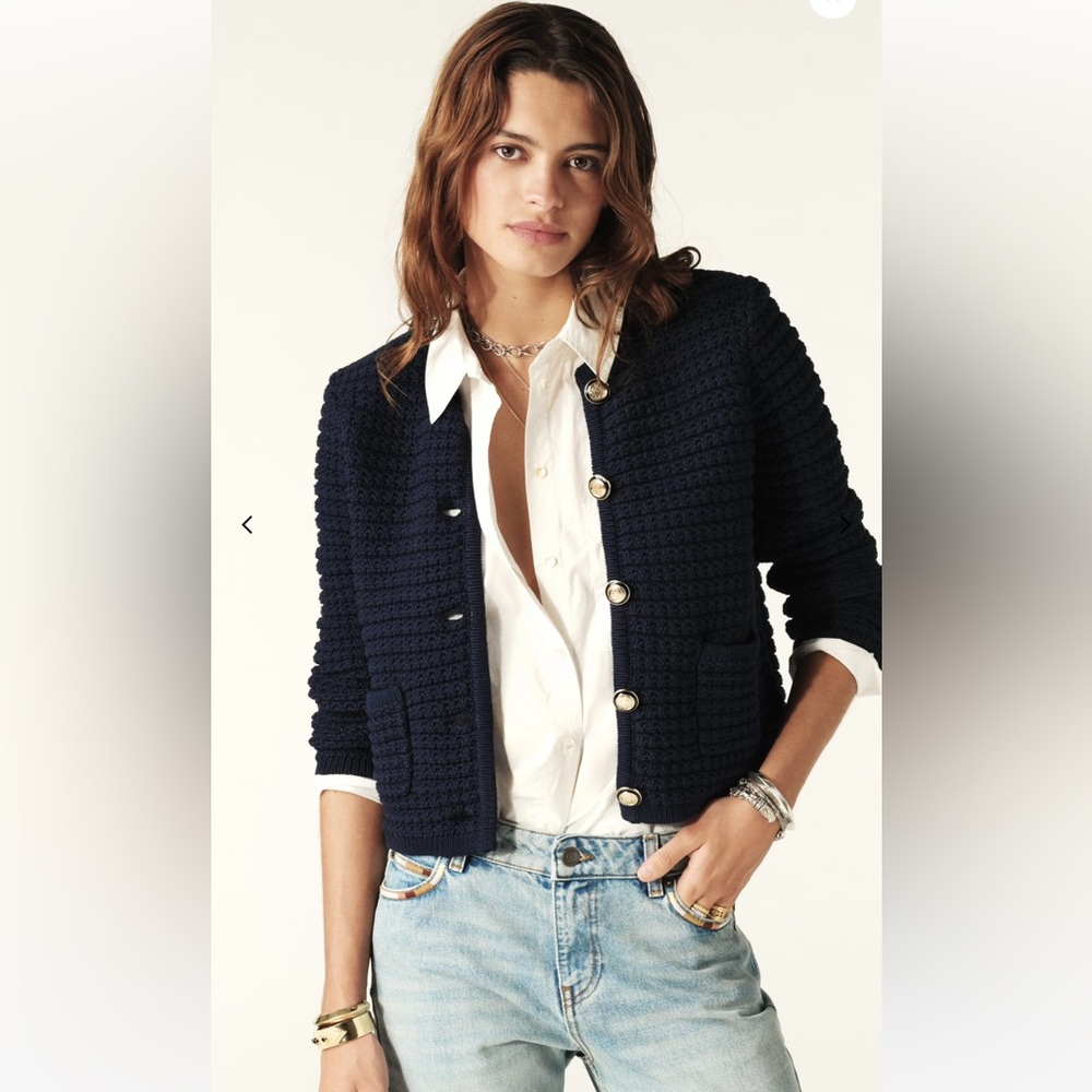 ba&sh Navy Blue Gaspard Knit Tweed cardigan Gold Buttons NWT small
